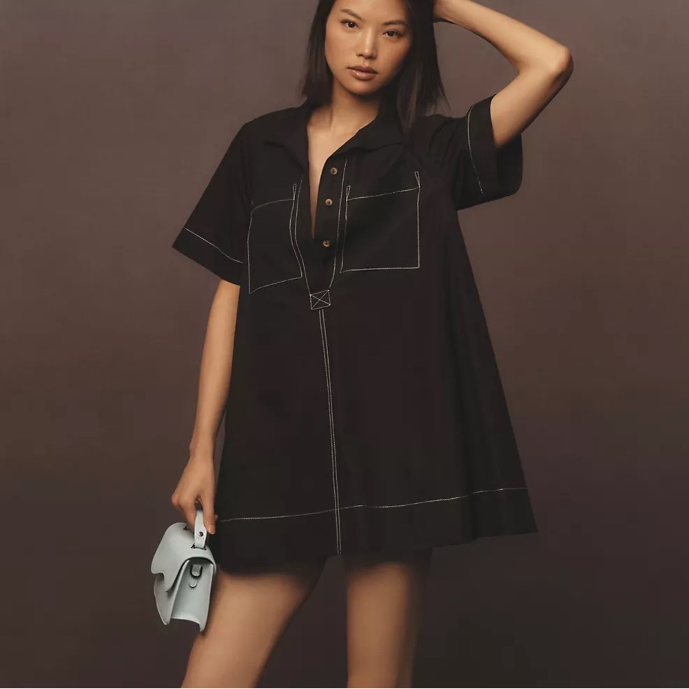 Anthropologie Maeve Jeannie Short Sleeve A-Line Mini Dress Black XL